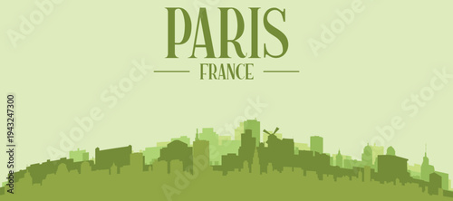 Green panoramic poster of the city skyline with solid background buildings on a hilly terrain of PARIS, FRANCE