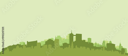 Green panoramic poster of the city skyline with solid background buildings on a hilly terrain of BRUSSELS, BELGIUM