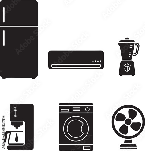 Black silhouette set of household appliances isolated on white background vector illustration