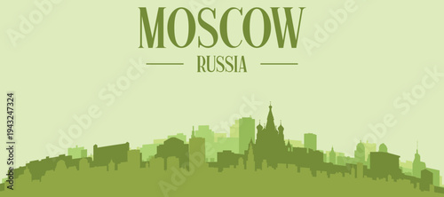 Green panoramic poster of the city skyline with solid background buildings on a hilly terrain of MOSCOW, RUSSIA