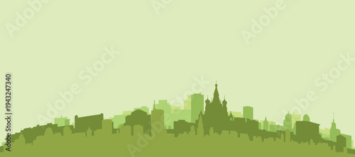 Green panoramic poster of the city skyline with solid background buildings on a hilly terrain of MOSCOW, RUSSIA