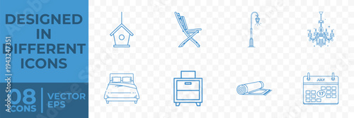 A flat vector illustration featuring 8 different home decor icons, including furniture and lighting, designed in a simple and modern style.