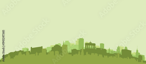 Green panoramic poster of the city skyline with solid background buildings on a hilly terrain of BERLIN, GERMANY