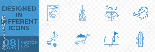 A collection of 8 flat vector icons featuring various household items and tools, designed in a simple and modern style.
