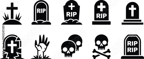 Halloween Graveyard Icons Set - Spooky Tombstones, Skulls, and Zombie Hand for Horror, Death, and Cemetery Design Elements