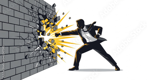 Man Breaking Through Brick Wall.