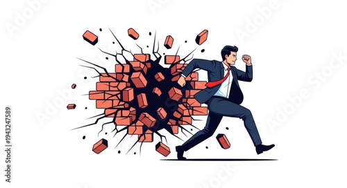 Man Breaking Through Brick Wall.