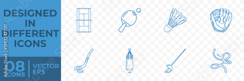 A set of 8 flat vector icons featuring various sports equipment, including badminton, table tennis, baseball, and more, designed in a simple and modern style.