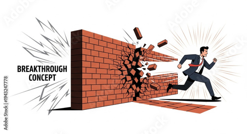 Man Breaking Through Brick Wall.