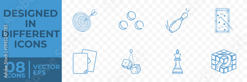 A collection of 8 flat vector icons including a target, archery, balls, dart, chocolate bar, cards, mobile phone, chess piece, and cube, designed in EPS format.