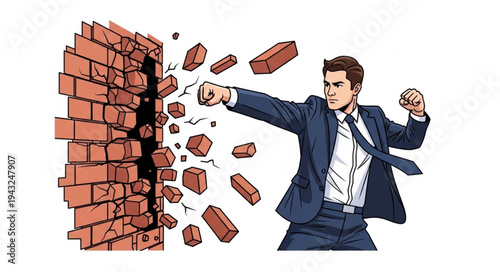 Man Breaking Through Brick Wall.