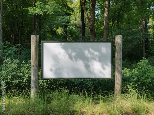 Blank rectangular signboard mounted between wooden posts in a forest environment. Natural outdoor display mockup for announcements, information, or eco branding.