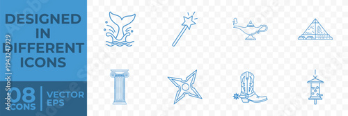 A collection of 8 flat vector icons featuring fantasy elements, including a mermaid tail, magic wand, lamp, pyramid, column, star, cowboy boot, and lantern.