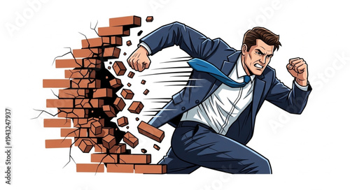 Man Breaking Through Brick Wall.