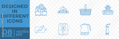 A flat vector graphic featuring 8 different kitchen icons, including a kettle, toaster, and utensils, designed in a simple line style.