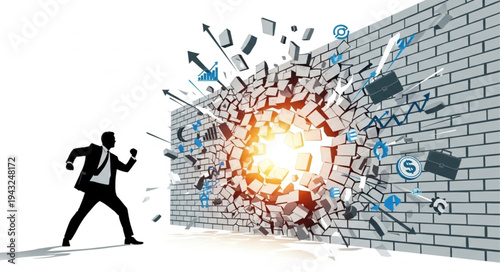 Man Breaking Through Brick Wall.