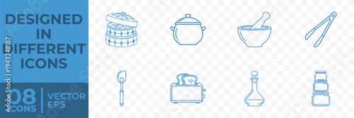 A flat vector illustration featuring 8 kitchen icons including cooking utensils and tools, designed in different styles.