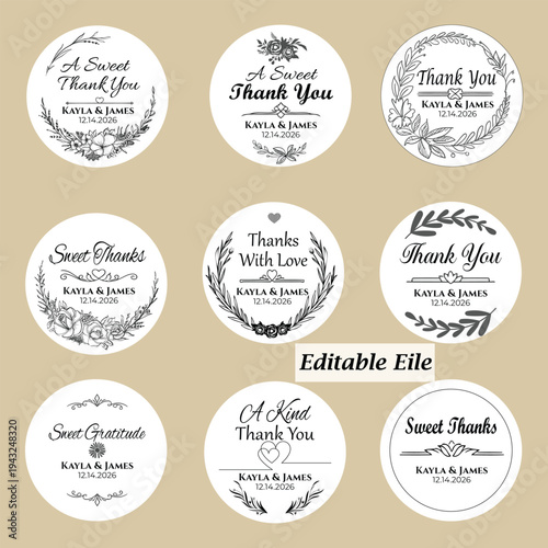  Minimalist Wedding Favor Thank You Sticker Set, Boho Bridal Shower Label  | set of vintage retro labels  | Vector EPS AI	