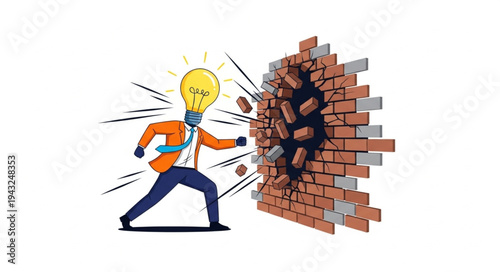 Man Breaking Through Brick Wall.