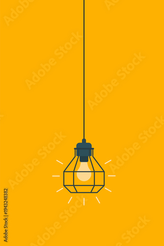 Single hanging light bulb illustration with minimal line style on bright yellow background
