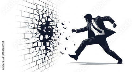 Man Breaking Through Brick Wall.