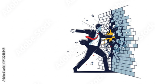 Man Breaking Through Brick Wall.