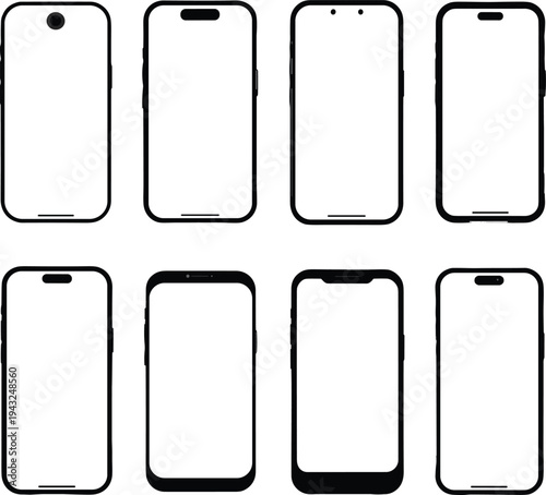Smartphone Mockup Vector Set - Modern Mobile Phone Frames with Various Notch and Hole Punch Designs for UI UX Display