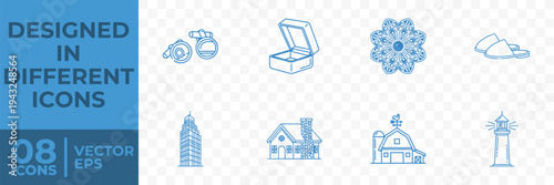 A collection of 8 flat vector icons featuring various objects, including a camera, jewelry box, flower, sandals, skyscraper, house, barn, and lighthouse.