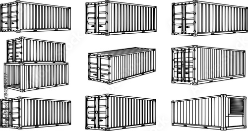 Set of Shipping containers Outline vector illustration isolated On Transparent Background
