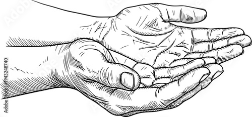Realistic sketch of two open hands with detailed linework, concept of giving. Vector illustration
