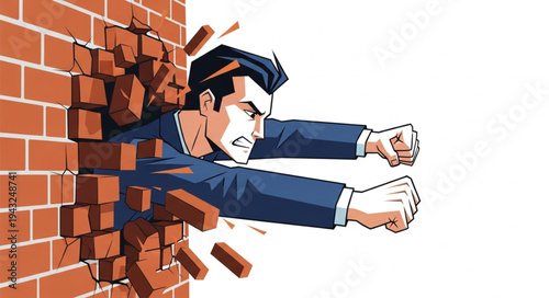 Man Breaking Through Brick Wall Determination Strength.