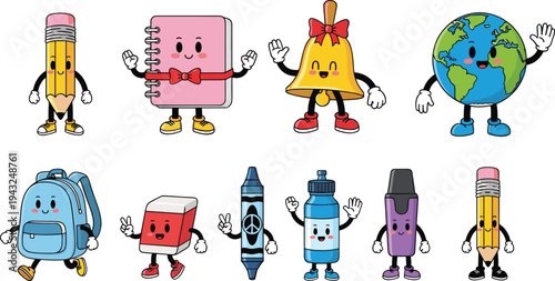 Cute Cartoon School Supplies Characters Collection with Pencil Book Bell Globe and Backpack Vector Illustration Set