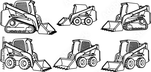 Set of Skid steer loaders Outline vector illustration isolated On Transparent Background
