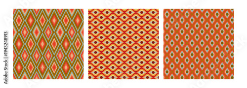 Set of 3 seamless vector patterns featuring abstract geometric rhombus and diamond shapes in warm orange, red, and olive green colors, ideal for backgrounds, textiles, and web design.