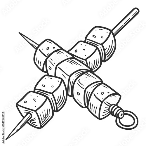 Photos Two crossed shish kebabs sketch with meat pieces on metal sticks traditional asi