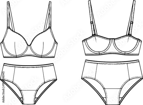 Lingerie set, bra and panty fashion design, underwear technical sketch, CAD drawing, flat vector illustration, intimate apparel template
