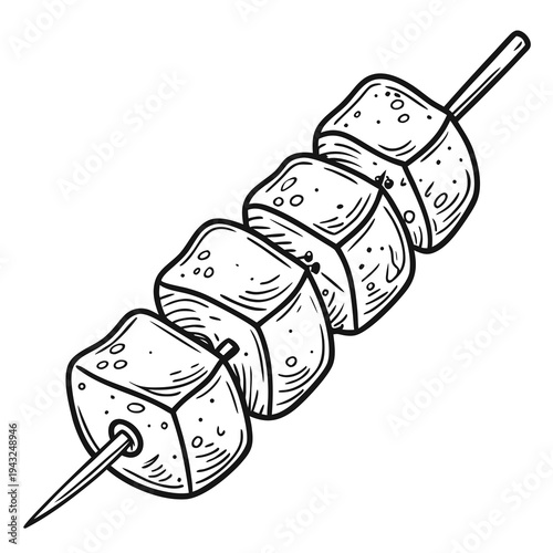 Tableau sur toile Tasty grilled meat shish kebab on metal skewer hand drawn sketch vector illustra