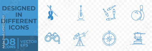 A collection of 8 flat vector icons representing various scientific instruments and tools, designed in a simple and modern style.