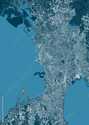 This is a detailed, high-angle satellite view of Manila, Philippines, rendered in a monochromatic blue and white color scheme. The image showcases the intricate urban sprawl of the city