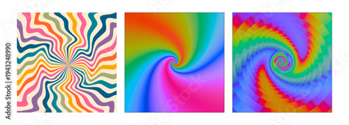 Set of 3 vibrant psychedelic swirl vector backgrounds with colorful wavy patterns, ideal for retro-themed designs, posters, and digital art projects