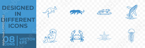 A set of 8 blue flat vector icons on a transparent background, featuring various animals and sea creatures.