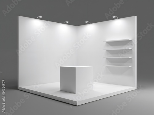 Minimal white corner exhibition booth with pedestal and shelves under spotlights. Clean gallery style display space for product showcase or branding presentation.