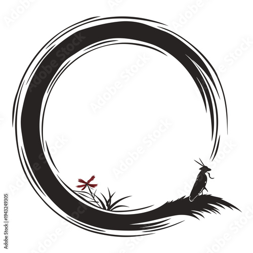 Zen circle with bird and red dragonfly japan traditional ink brush symbol peace serenity nature art oriental design