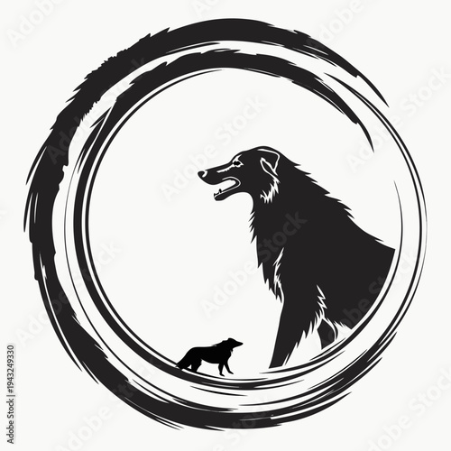 Wolf silhouette standing inside large textured zen enso circle with smaller companion animal in minimalist black ink style for wilderness concept