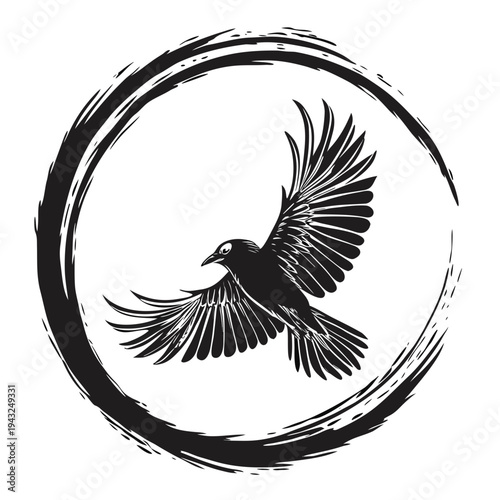 Detailed black ink sketch of flying crow bird inside textured zen enso circle frame isolated on white background for mystical wildlife art design