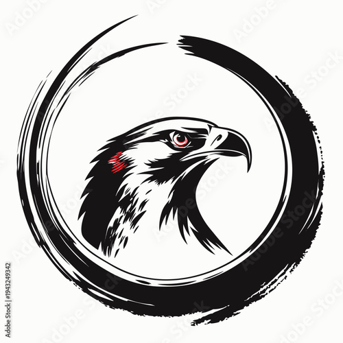 Powerful eagle head profile illustration with red eye detail surrounded by artistic circular black brush stroke frame for strength and leadership