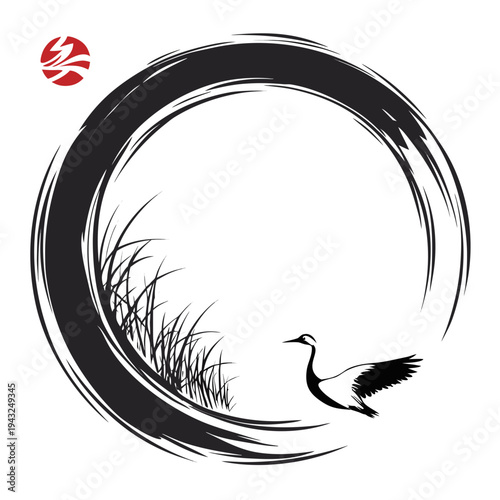 Minimalist zen enso circle brush stroke illustration featuring graceful crane bird flying over tall grass fields with red sun symbol for harmony
