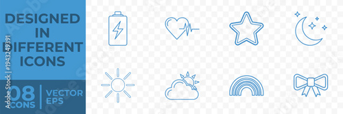 A set of 8 flat vector icons including battery, heart rate, star, crescent moon, sun, cloudy, rainbow, and bow, designed in EPS format.