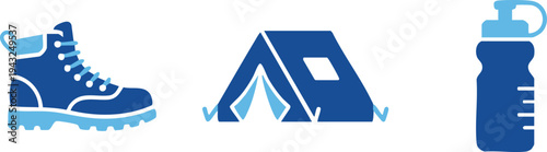Set of 3 camping icons vector, blue