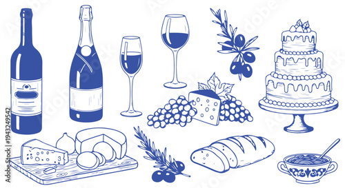 Celebratory feast with wine, cheese, bread, and cake